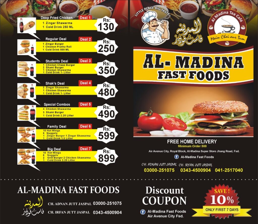 Al-Madina Fast Food Faisalabad Menu Prices Deals Contact Number