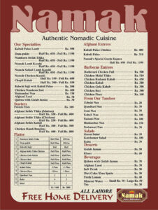 Namak Restaurant Faisal Town Lahore Menu