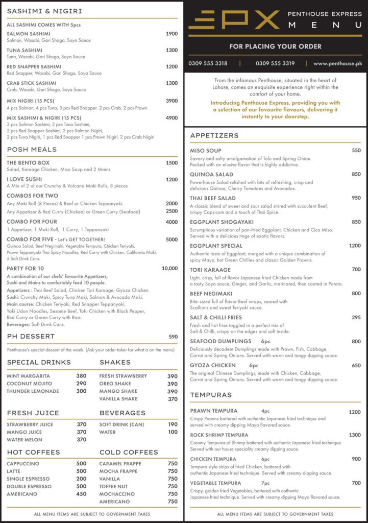 Penthouse Restaurant Lahore Menu