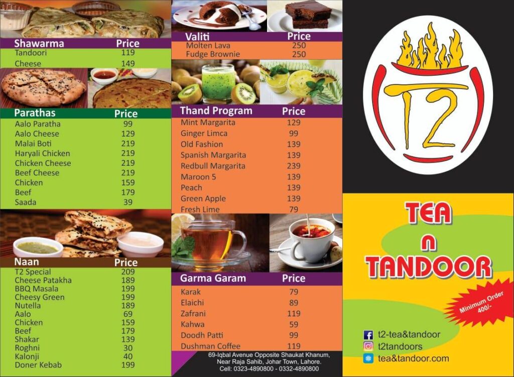 T2 Tandoor Johar Town Menu