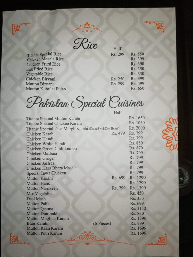 Titanic Resort Faisalabad Menu