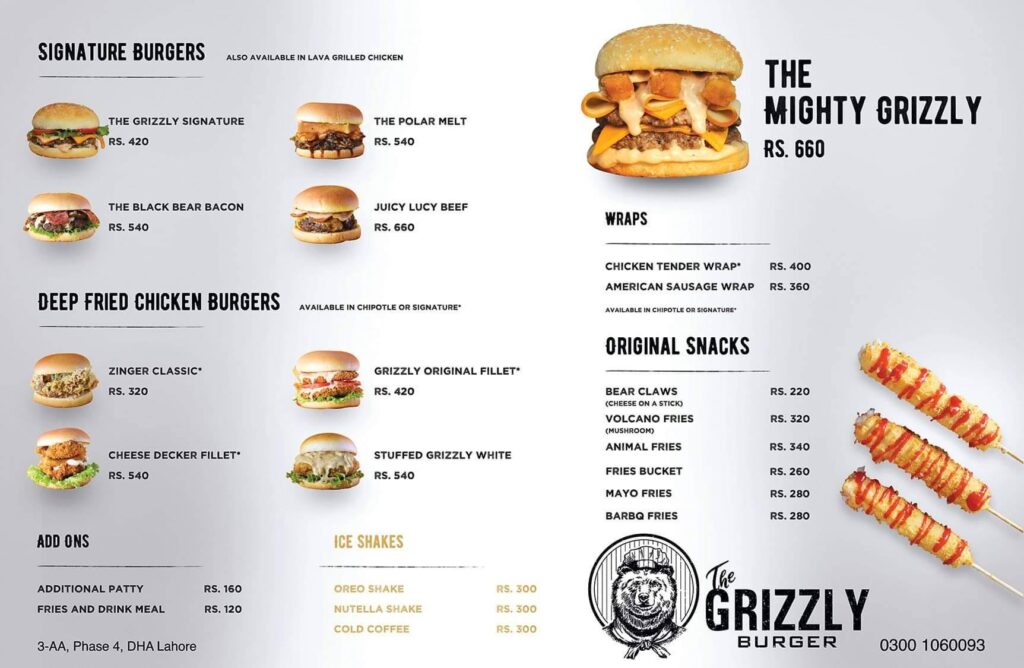 The Grizzly burger Lahore Menu